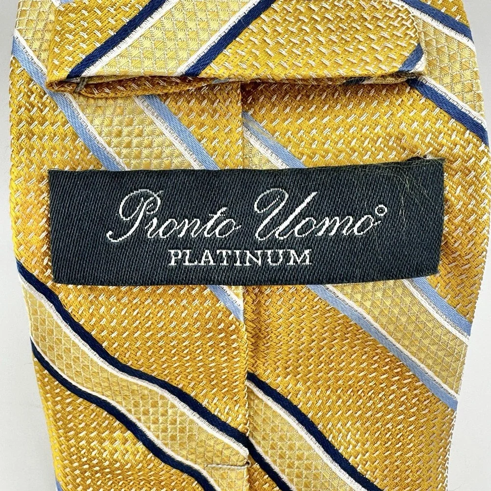 Pronto Uomo Platinum Gold Blue Striped Tie Men's 100% Silk Handmade - Excellent